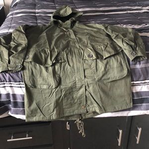 Olive colored utility jacket with hood.